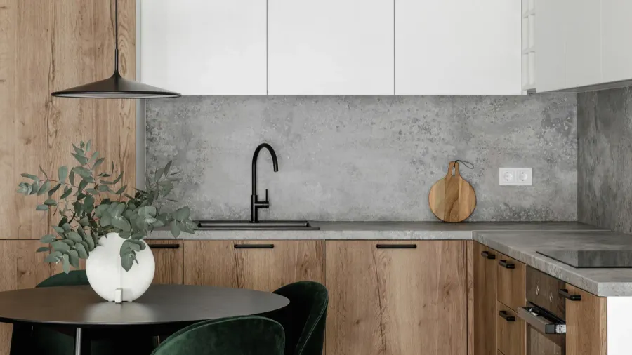 modern minimalistic kitchen and dining room interior with wooden and