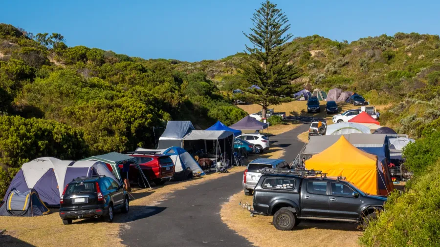 pitched tents and cars at camping grounds in south australia