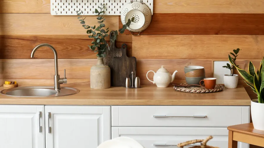 plates on table and kitchen counter with sink near wooden
