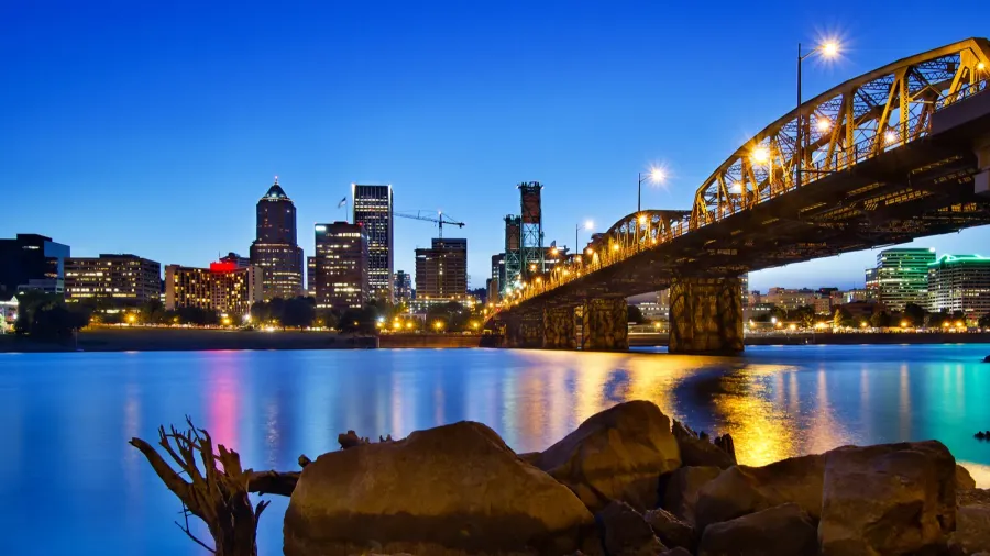 portland oregon skyline at blue hour