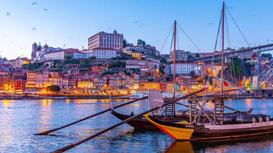 porto portugal may 25 2019 sunset view of rabelo boats