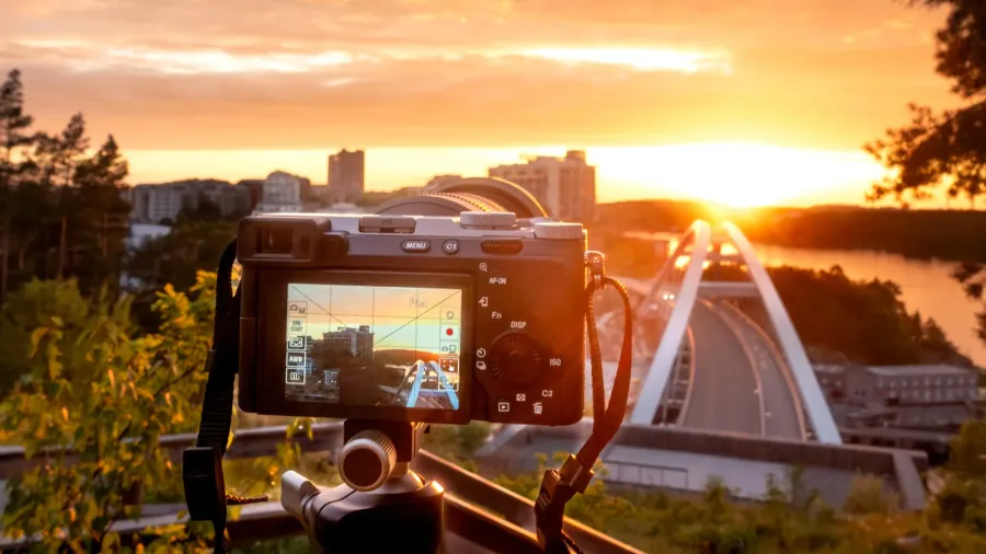 professional photography with a camera on a tripod photographing an