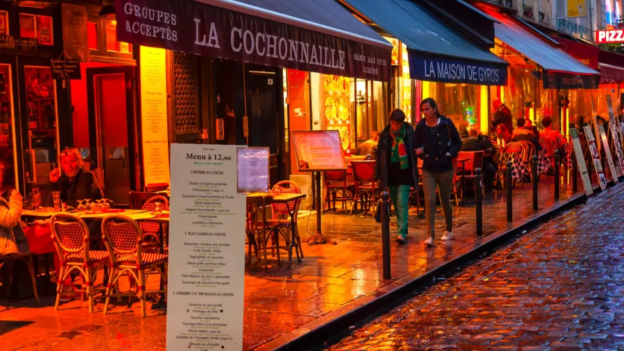 rainy evening bars restaurants latin quarter paris france