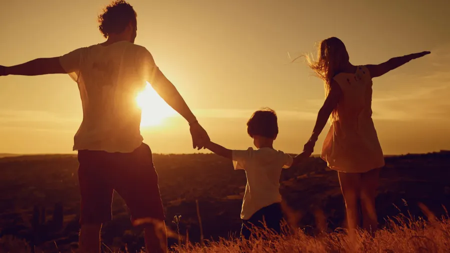 rear view of family standing in nature at sunset