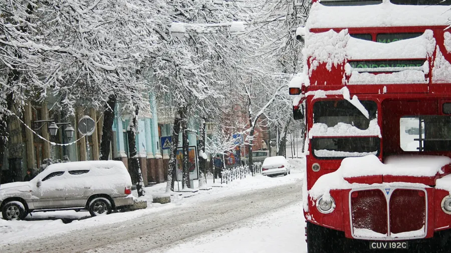 red doubledecker in winter