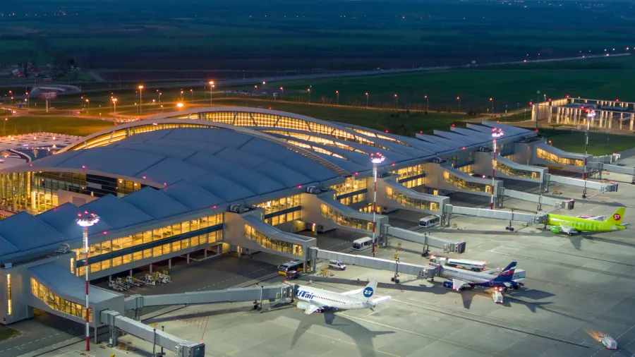 rostovondon russia  2019 platov airport at night from above