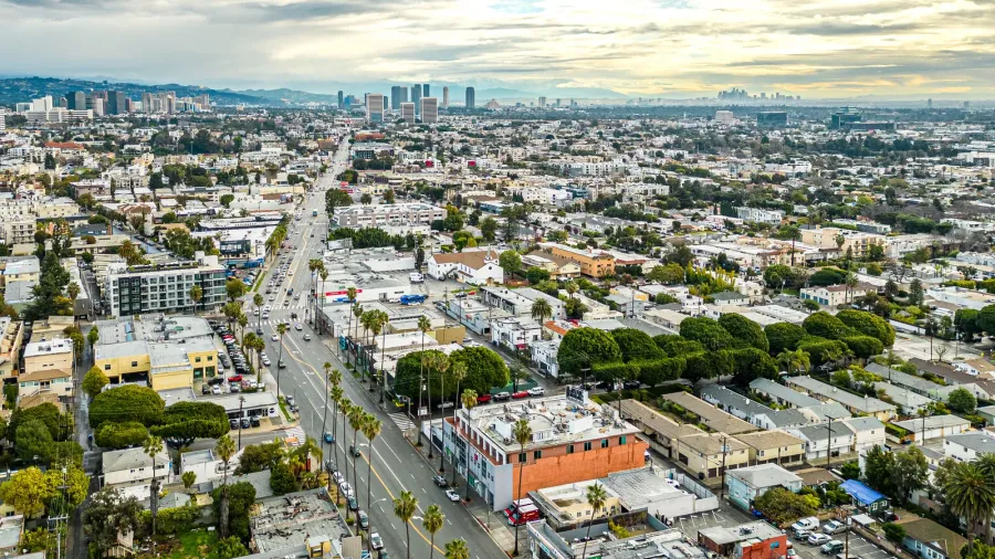 santa monica downtown view to los angeles california aerial panorama