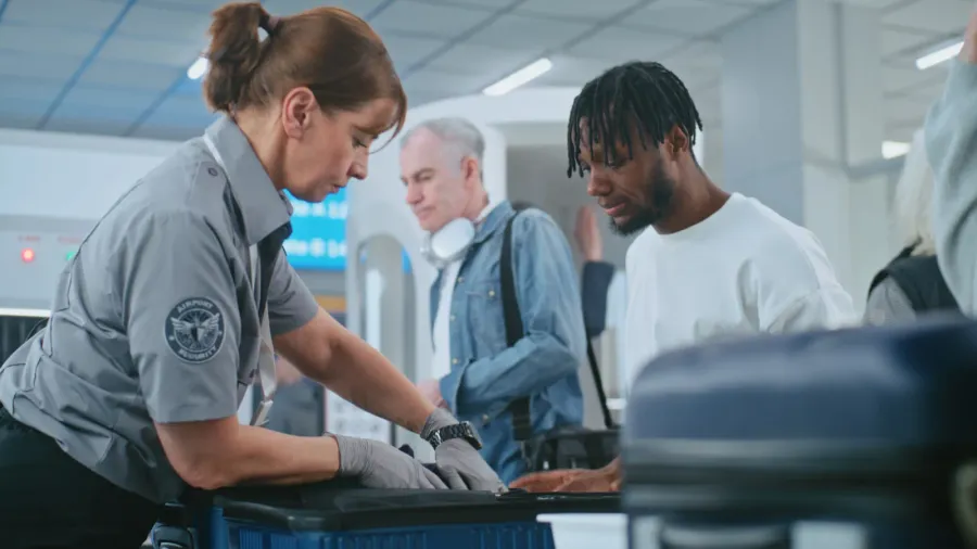 security checkpoint in airport terminal female tsa worker inspecting baggage