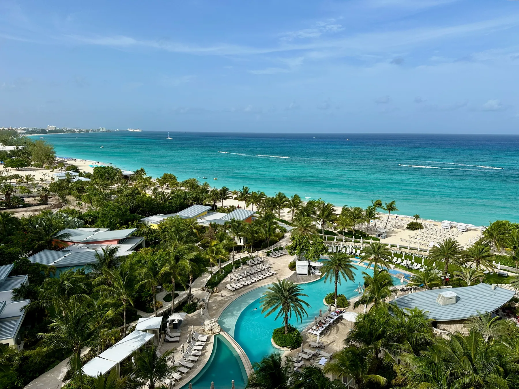 Grand Cayman, Cayman Islands - June 16, 2024 A view of famous Seven Mile Beach from Kimpton Seafire Resort and Spa.