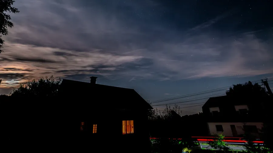 silhouette of village small house with moon stars heaven in