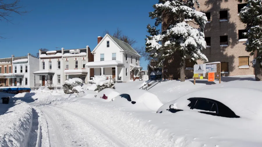 snow covered streets and homes