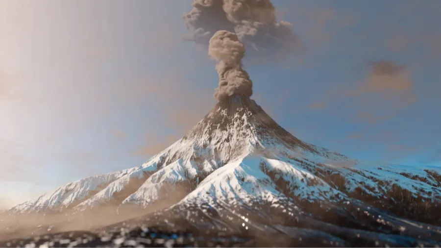 snowy mountain volcano eruption with smoke cloud over the top