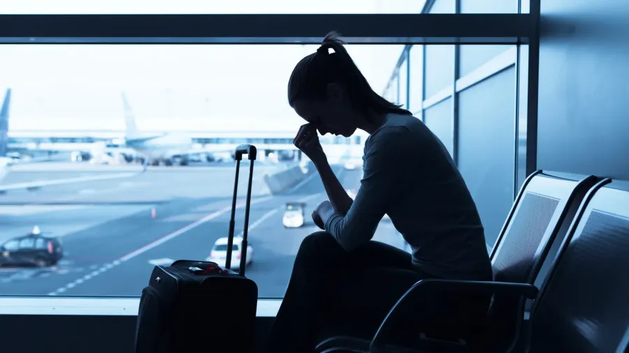 stressed woman at the airport holding smart phone