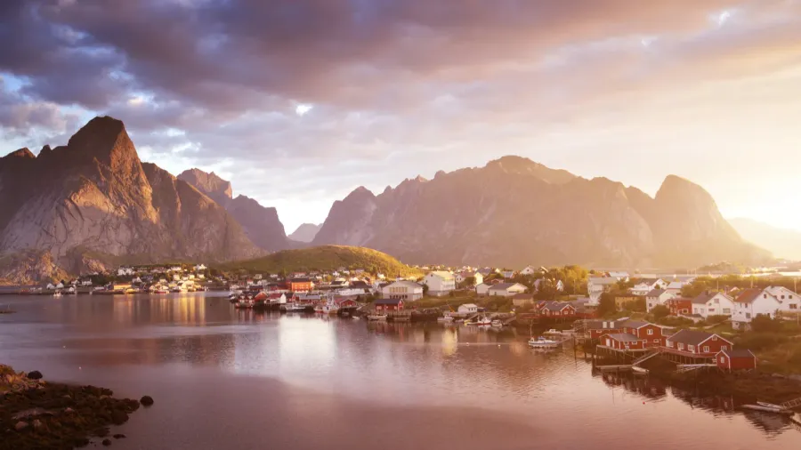 summer sunrise reine village lofoten islands norway