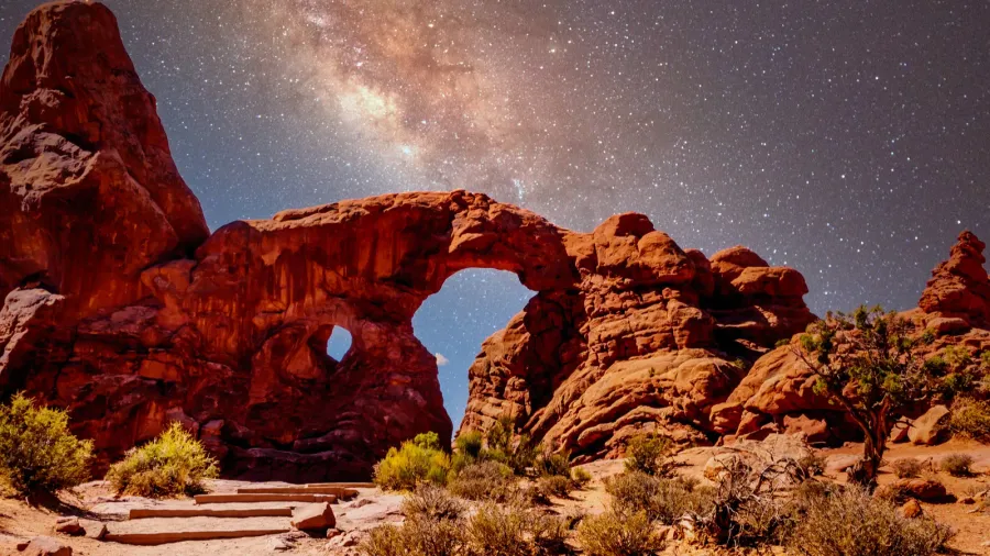the night sky and milky way over the delicate sandstone