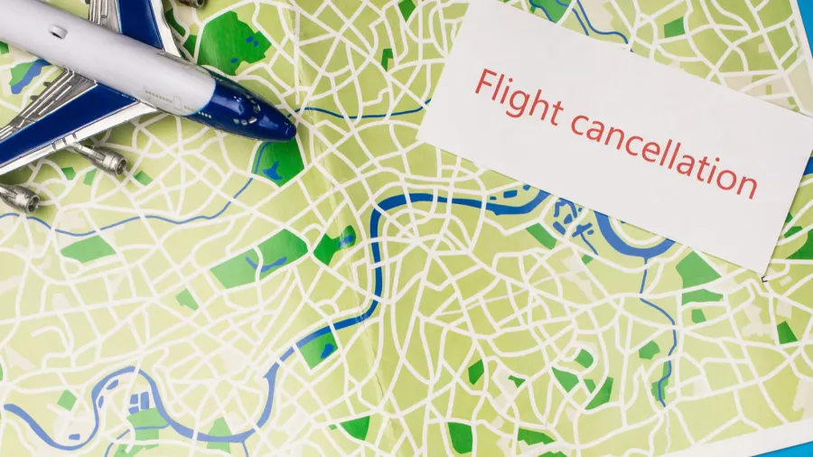 top view of card with flight cancellation with toy plane