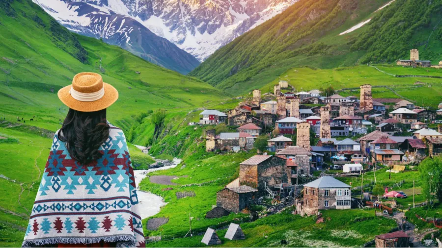 tourist enjoy view of ushguli village in georgia