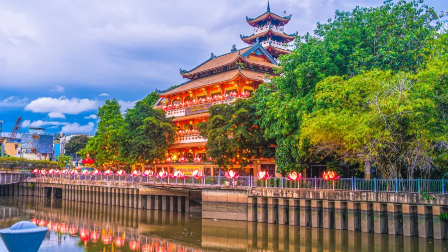twilight view of phap hoa pagoda ho chi minh city