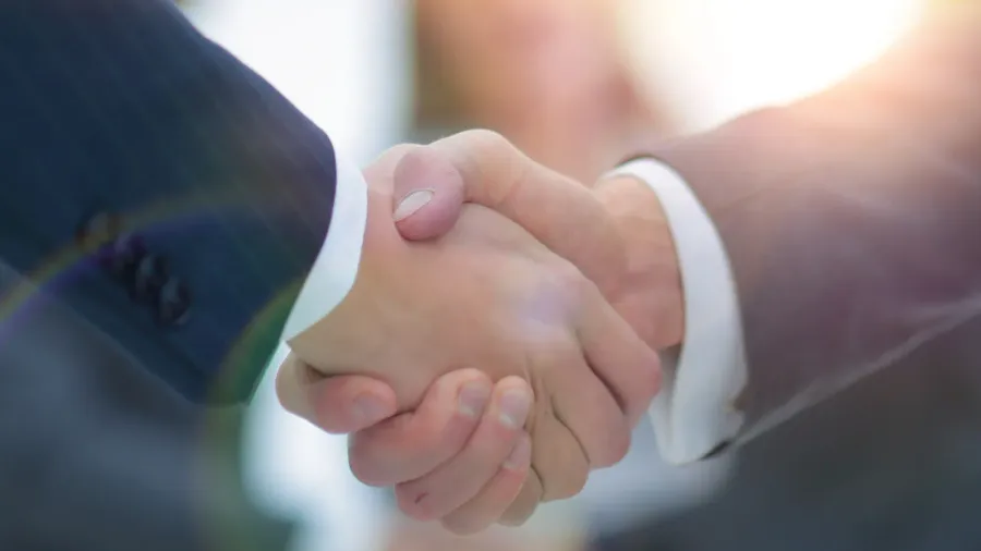 two businessmen shaking hands with colleagues on background