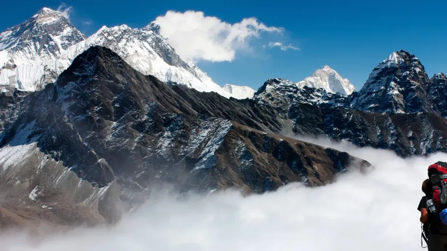 view of everest from gokyo with tourist