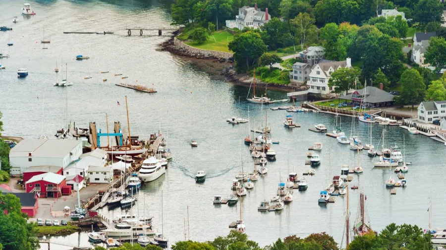 view of historic camden town and camden harbor atlantic coast