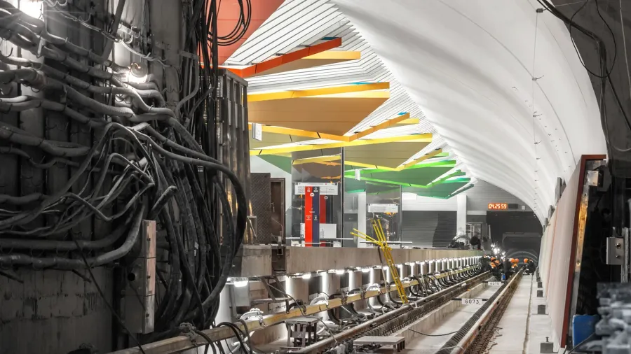 view of under construction station subway from the tunnel focus