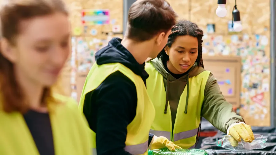 young volunteers in gloves and safety vests sorting trash together